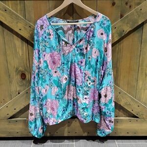 Boston Proper Floral Long Sleeve Blue Pink Tie Front Blouse Casual Resort Vacay